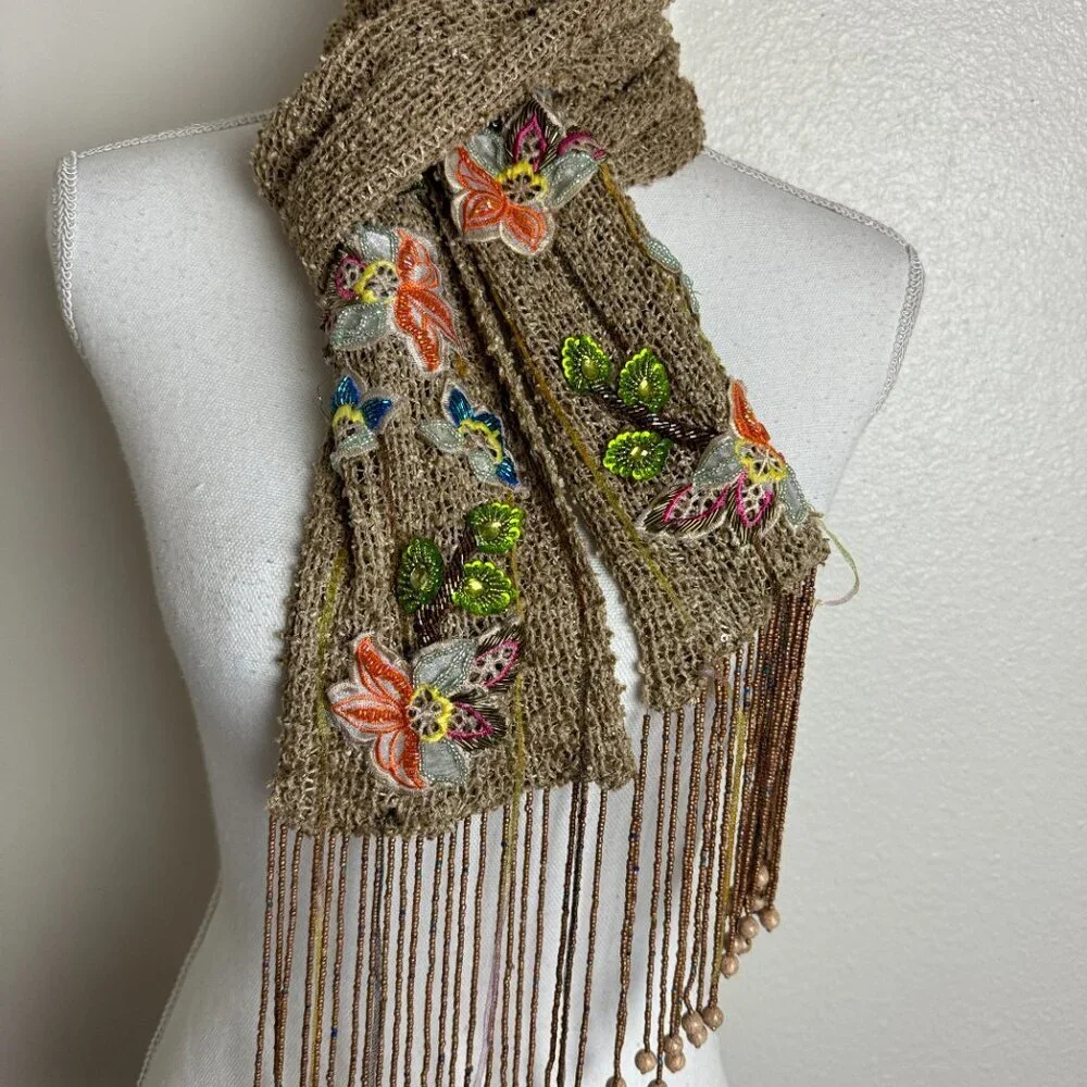 Vintage 90s Beaded Embroidery Art Long Scarf Fringe